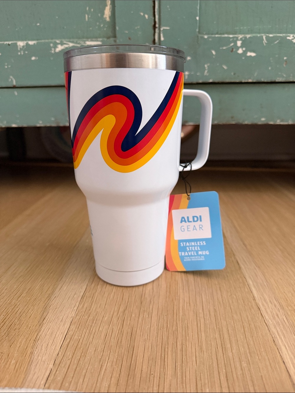 White Stainless Steel Travel Mug with Retro Rainbow Accent